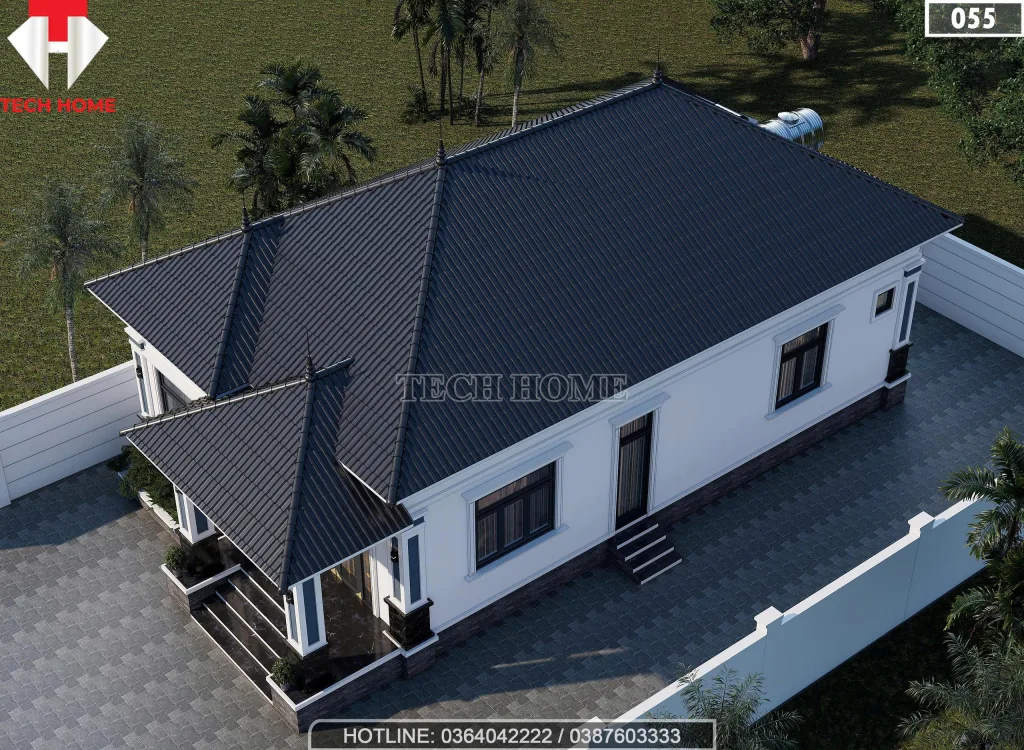 Tổng thể mẫu nhà cấp 4 mái Nhật 3 phòng ngủ diện tích 132m2 nhìn từ trên cao.