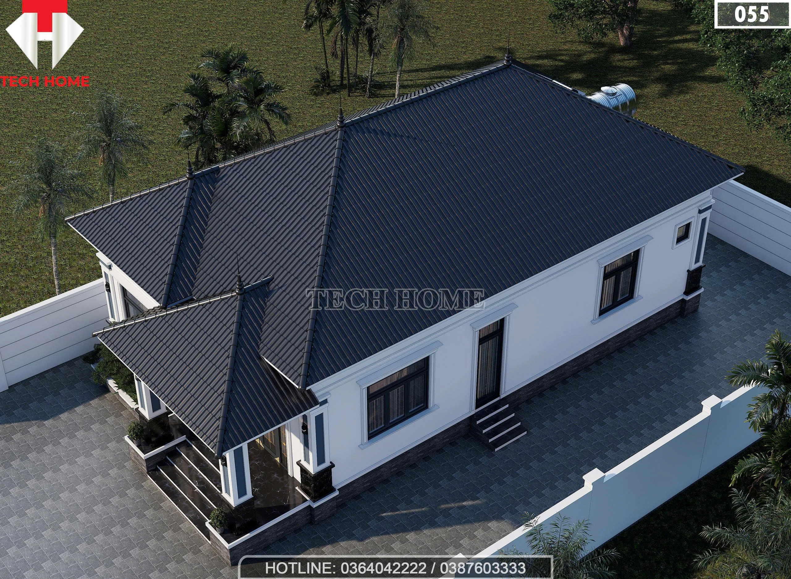 Tổng thể mẫu nhà cấp 4 mái Nhật 3 phòng ngủ diện tích 132m2 nhìn từ trên cao.