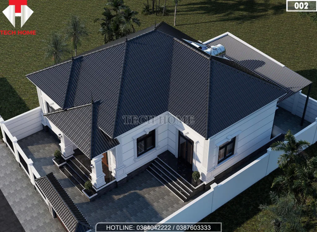 Tổng thể mẫu nhà cấp 4 mái Nhật diện tích 160m2 lợp ngói màu xanh than sang trọng.