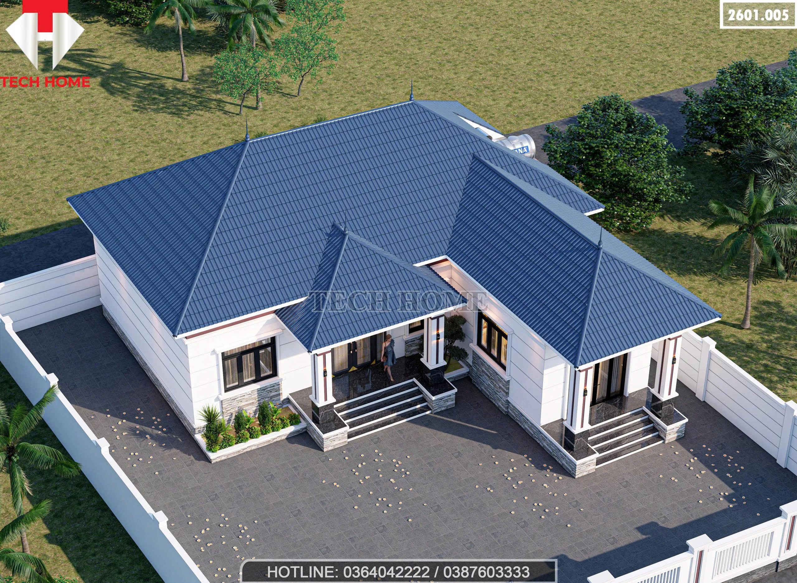 Tổng thể mẫu nhà cấp 4 mái Nhật 4 phòng ngủ diện tích 180m2 lợp ngói xanh thanh lịch.