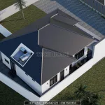 Tổng thể từ trên cao nhà mái Nhật 1 tầng có hệ thống năng lượng mặt trời hiện đại.