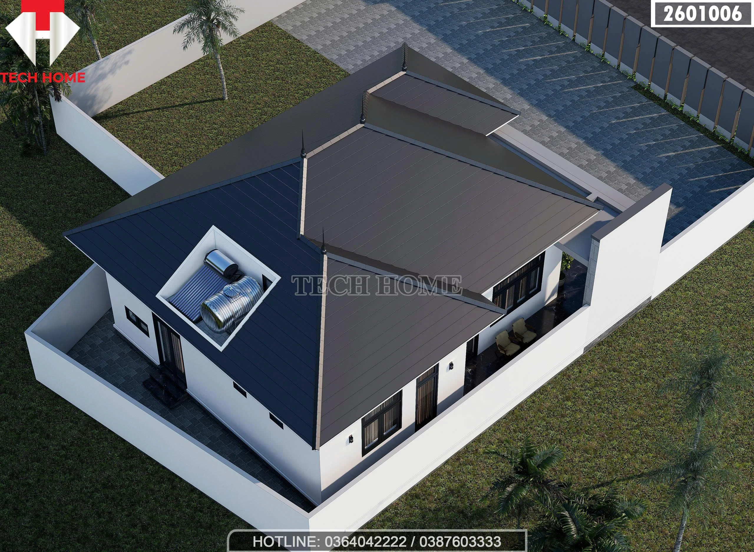 Tổng thể từ trên cao nhà mái Nhật 1 tầng có hệ thống năng lượng mặt trời hiện đại.