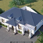 Tổng thể mẫu nhà mái Nhật 1 tầng 4 phòng ngủ lợp ngói màu xanh than diện tích 195m2.