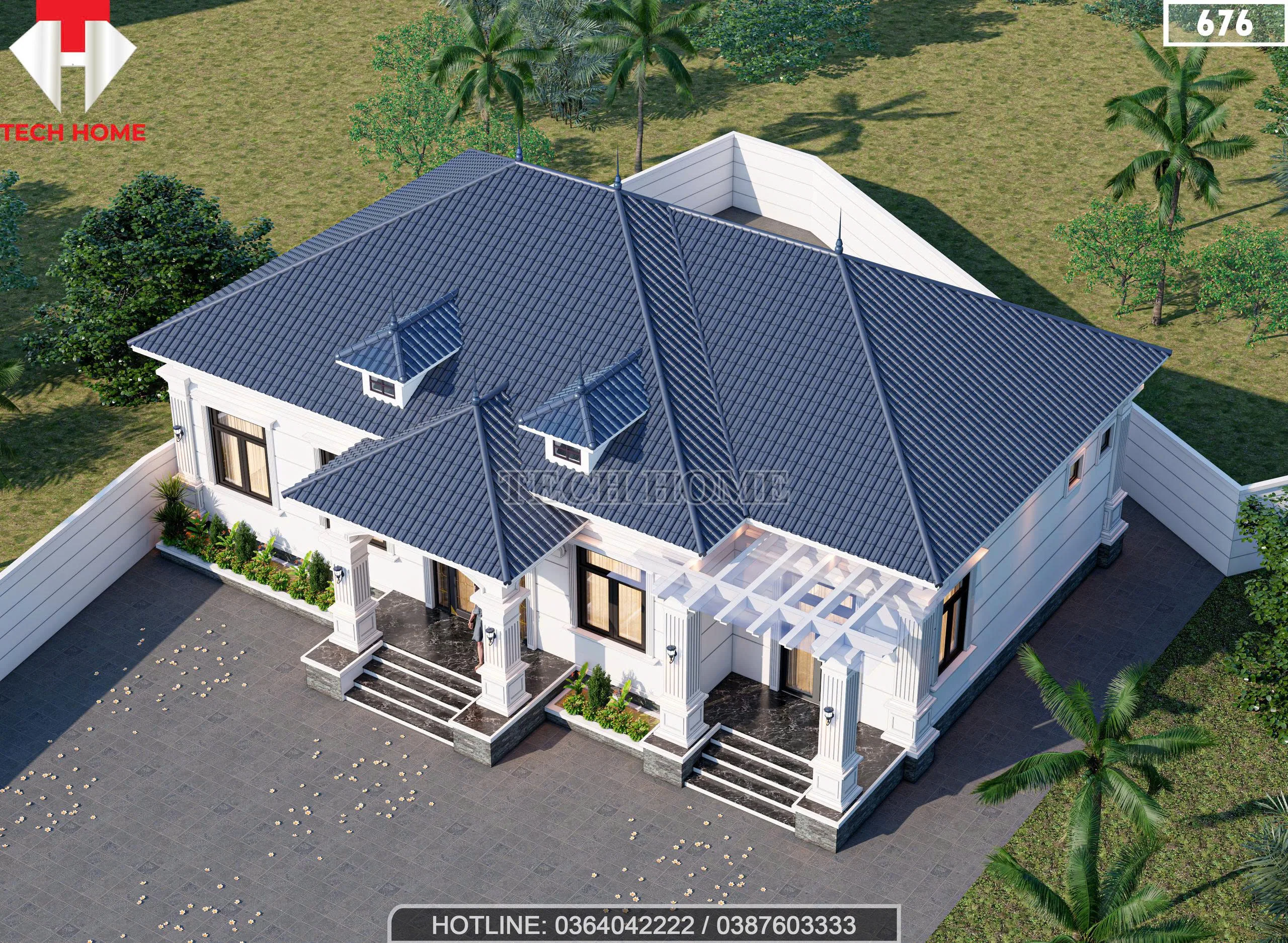 Tổng thể mẫu nhà mái Nhật 1 tầng 4 phòng ngủ lợp ngói màu xanh than diện tích 195m2.