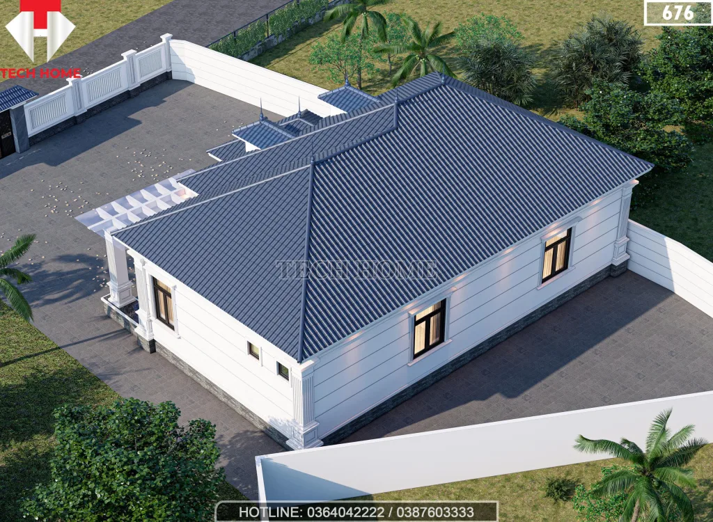 Tổng thể mẫu nhà mái Nhật 1 tầng 4 phòng ngủ