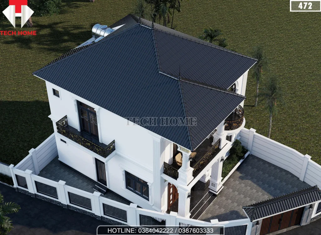 Tổng thể mẫu nhà mái Nhật 2 tầng tân cổ điển nhìn từ trên cao với hệ mái Nhật màu xanh thanh lịch.