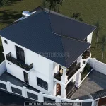 Tổng thể mẫu nhà mái Nhật 2 tầng tân cổ điển nhìn từ trên cao với hệ mái Nhật màu xanh thanh lịch.