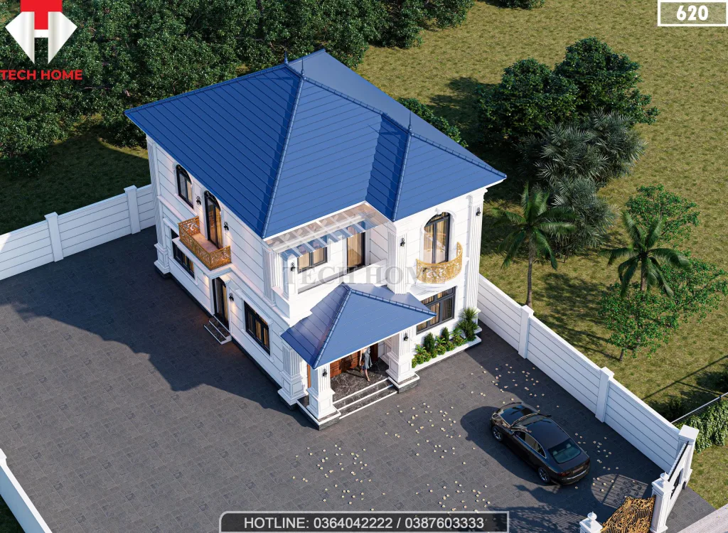 Tổng thể kiến trúc nhà mái Nhật 2 tầng diện tích 198m2 nhìn từ trên cao.