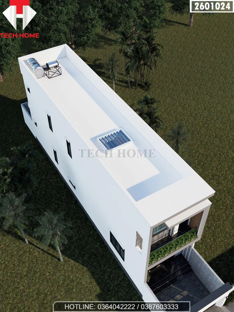 Tổng thể mẫu nhà ống 2 tầng hiện đại nhìn từ trên cao với giải pháp lấy sáng thông minh.