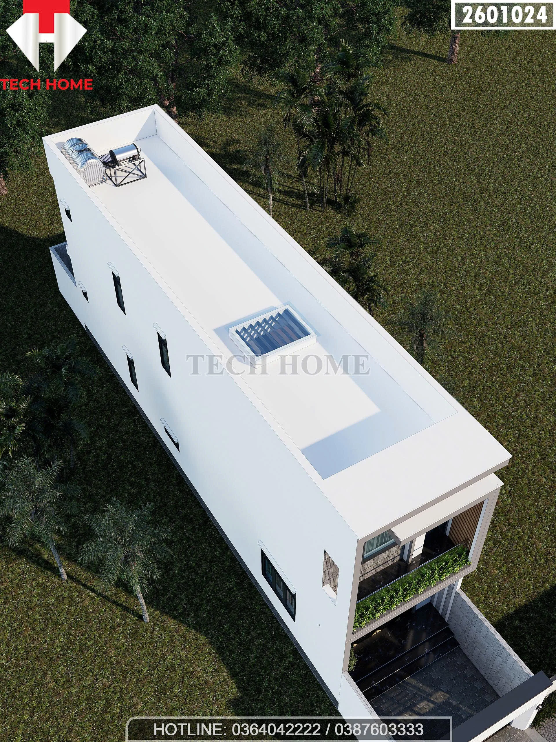 Tổng thể mẫu nhà ống 2 tầng hiện đại nhìn từ trên cao với giải pháp lấy sáng thông minh.