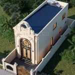 Tổng thể mẫu nhà ống 2 tầng tân cổ điển nhìn từ trên cao với hệ mái tôn lạnh chống nóng hiệu quả.