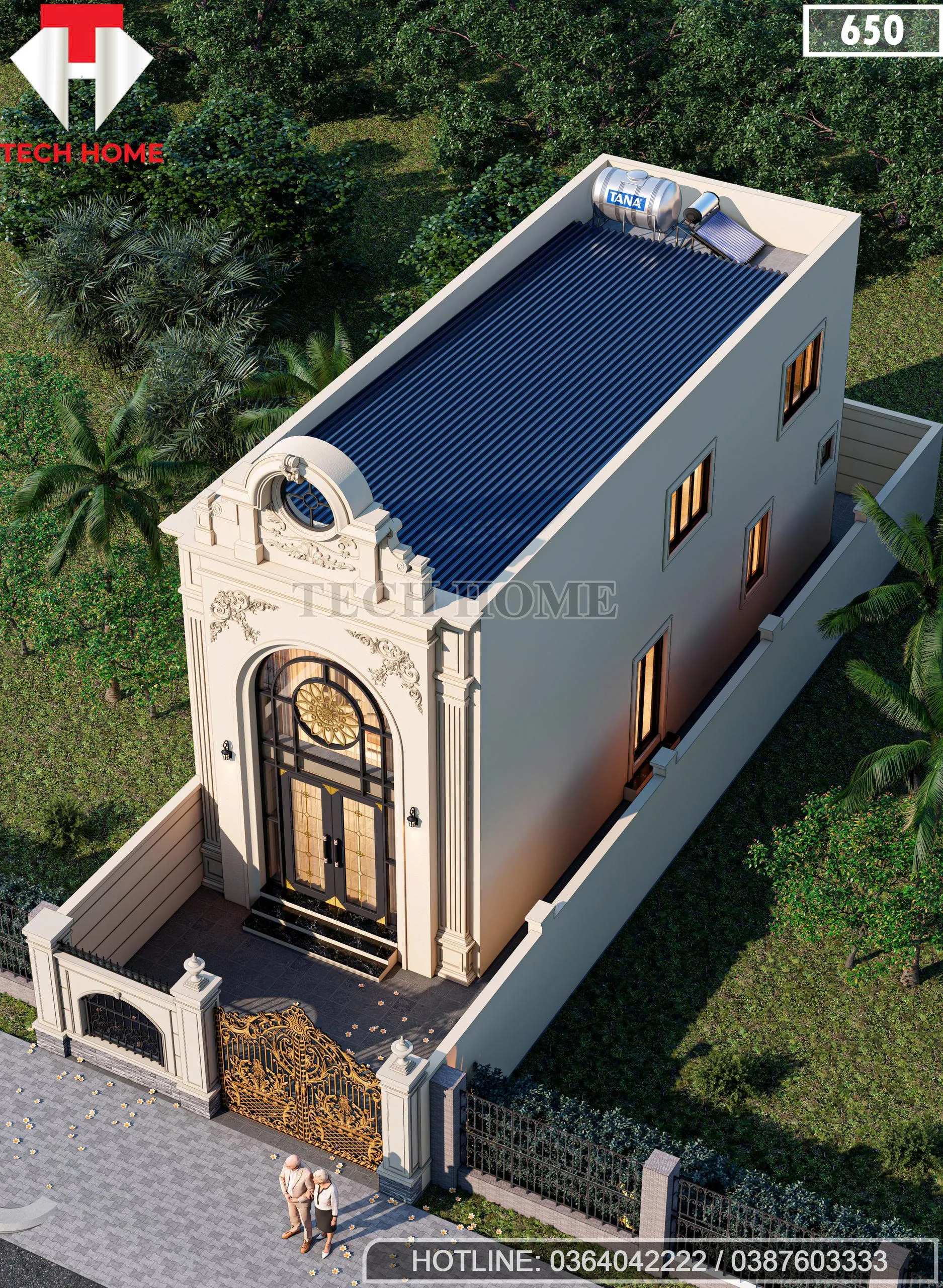 Tổng thể mẫu nhà ống 2 tầng tân cổ điển nhìn từ trên cao với hệ mái tôn lạnh chống nóng hiệu quả.