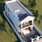 Tổng thể từ trên cao mẫu nhà ống 2 tầng tân cổ điển diện tích 7x19m mái Thái xanh.