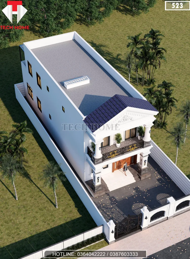 Tổng thể từ trên cao mẫu nhà ống 2 tầng tân cổ điển diện tích 7x19m mái Thái xanh.