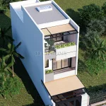 Tổng thể từ trên cao mẫu nhà phố 2 tầng 1 tum diện tích thiết kế 190m2 có sân chơi thông thoáng.