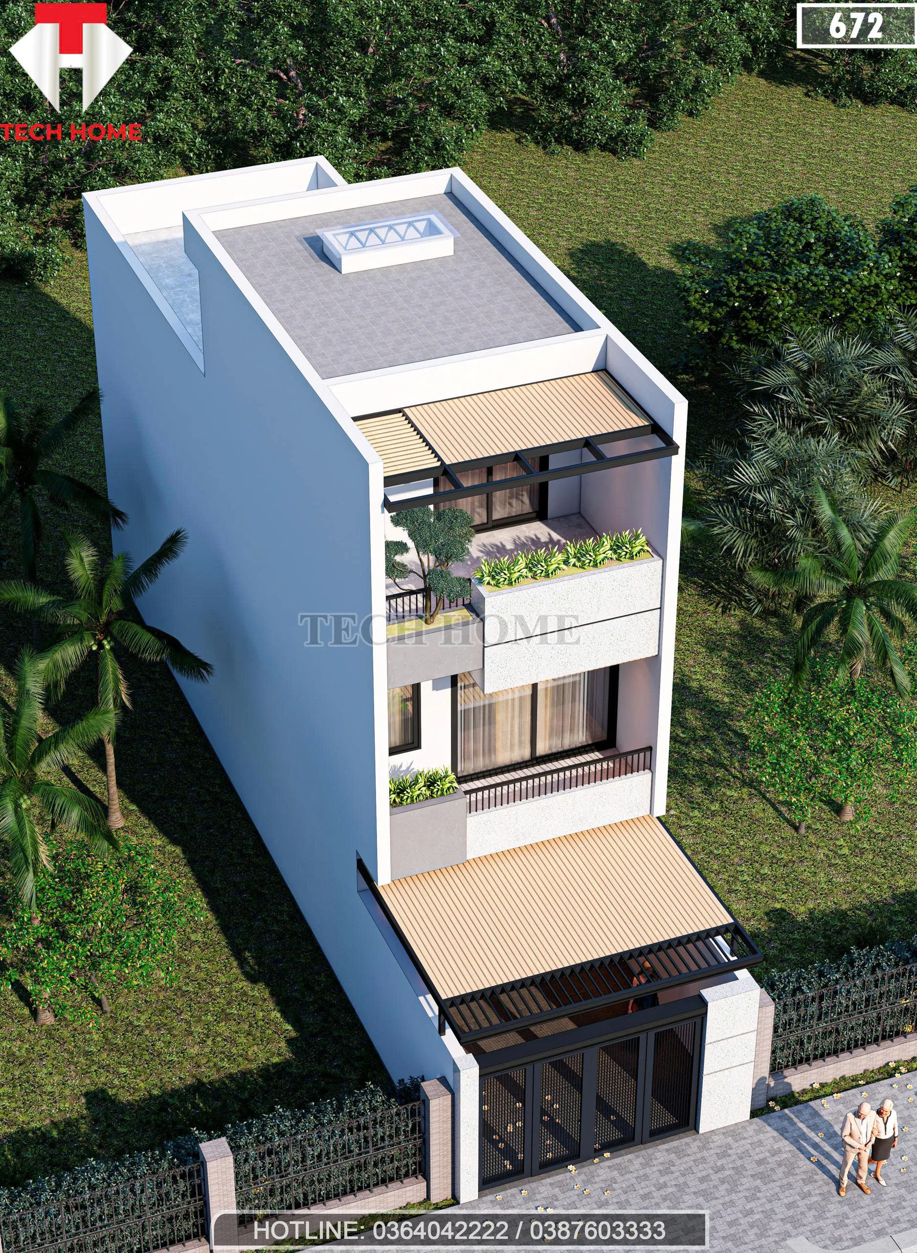 Tổng thể từ trên cao mẫu nhà phố 2 tầng 1 tum diện tích thiết kế 190m2 có sân chơi thông thoáng.