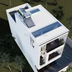 Tổng thể phối cảnh từ trên cao mẫu nhà phố 2 tầng 1 tum hiện đại Techhome lợp mái bằng hiện đại.