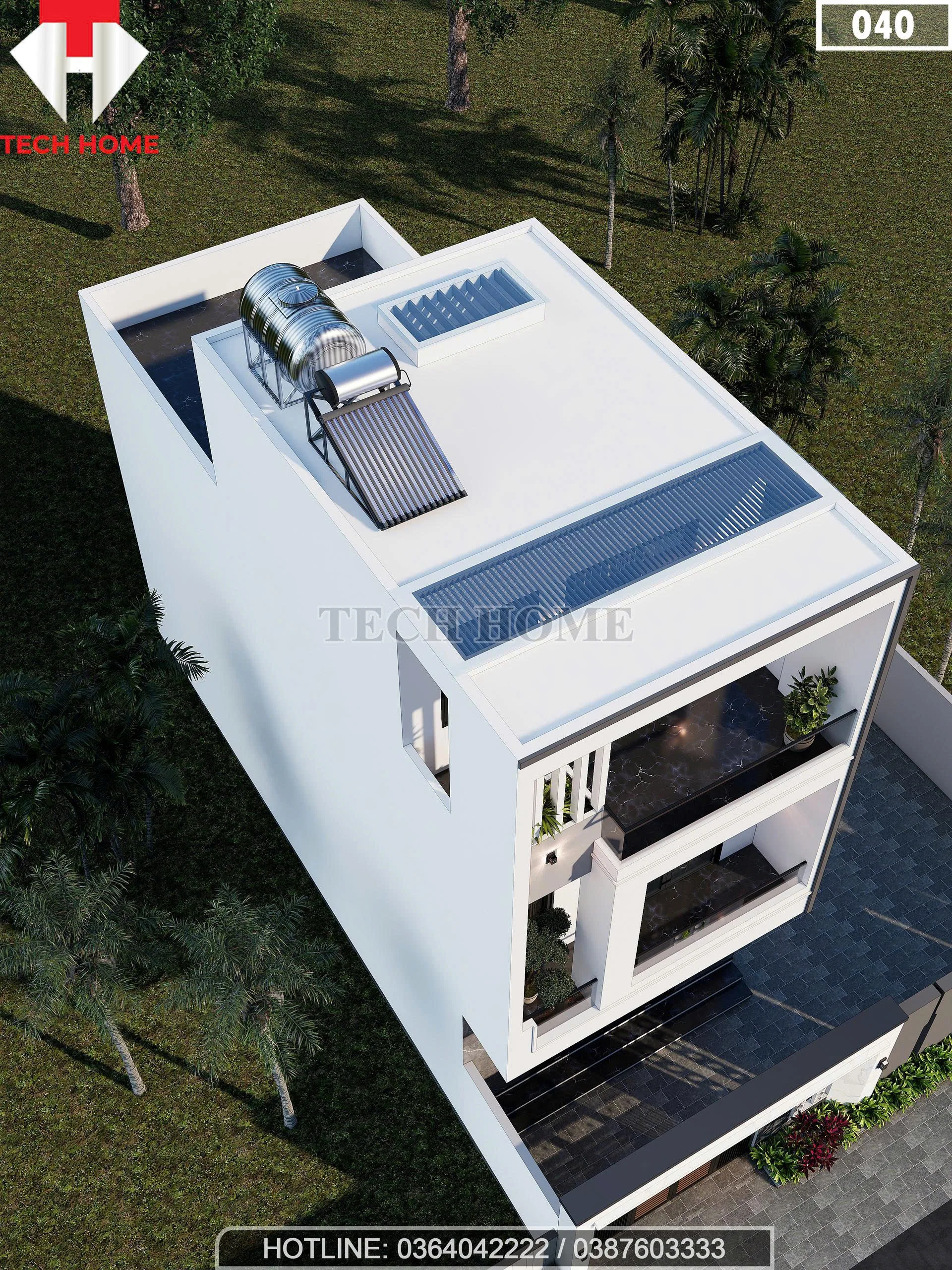 Tổng thể phối cảnh từ trên cao mẫu nhà phố 2 tầng 1 tum hiện đại Techhome lợp mái bằng hiện đại.