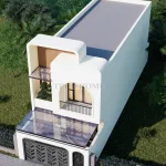 Tổng thể mẫu nhà phố 2 tầng hiện đại mái bằng với hệ ban công vòm cong sang trọng.