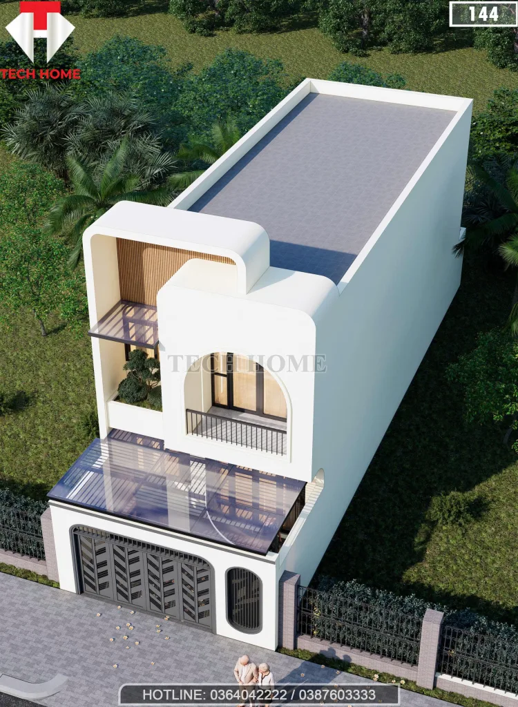 Tổng thể mẫu nhà phố 2 tầng hiện đại mái bằng với hệ ban công vòm cong sang trọng.