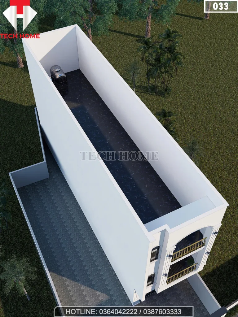 Phối cảnh từ trên cao nhìn xuống tổng thể mẫu nhà phố 2 tầng tân cổ điển có sân thượng thoáng đãng.