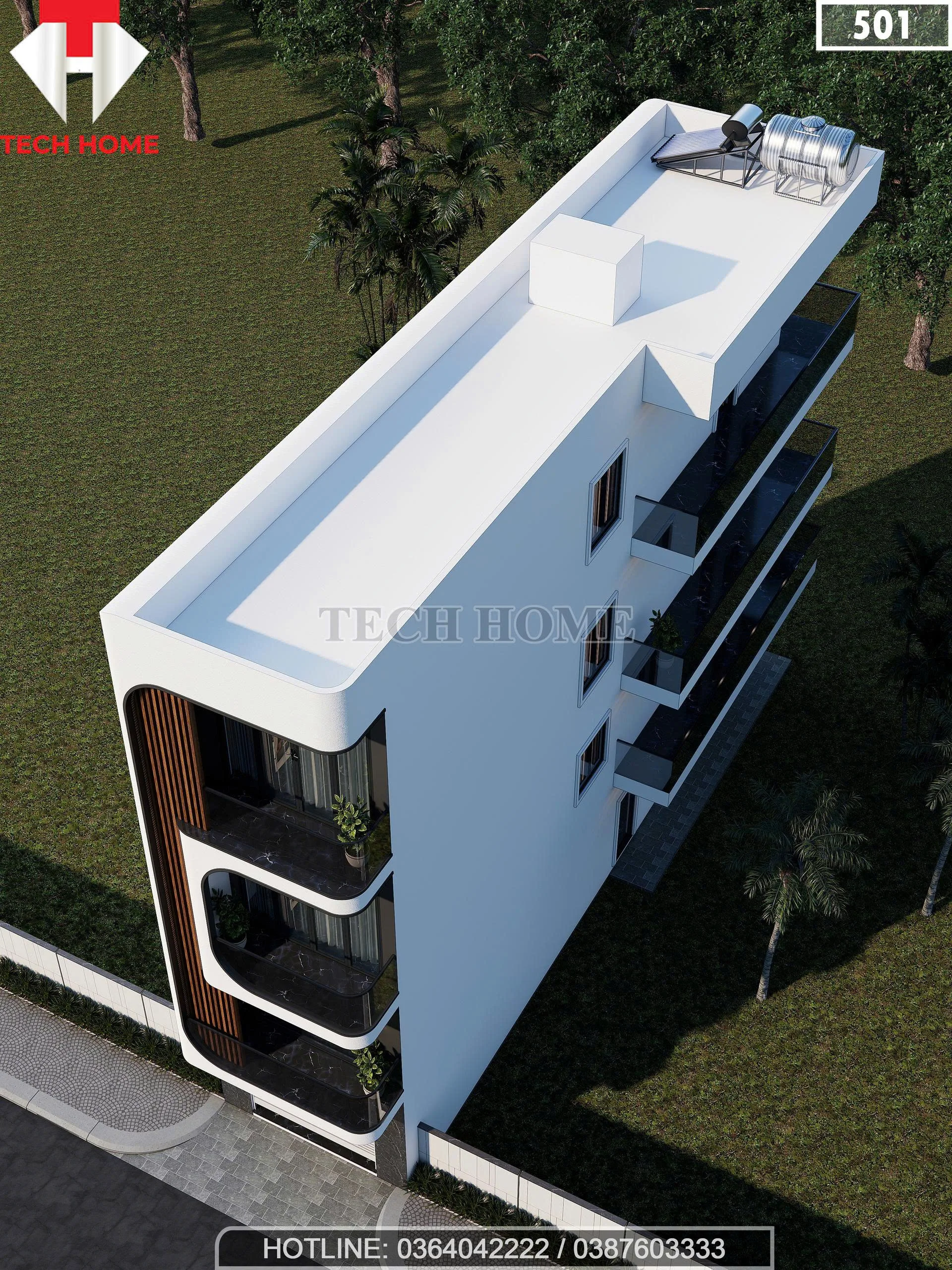 Tổng thể mẫu nhà phố 3 tầng 1 lửng hiện đại nhìn từ trên cao tối ưu ánh sáng.