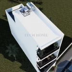 Tổng thể mẫu nhà phố 3 tầng hiện đại từ trên cao với hệ thống thái dương năng tiện nghi.