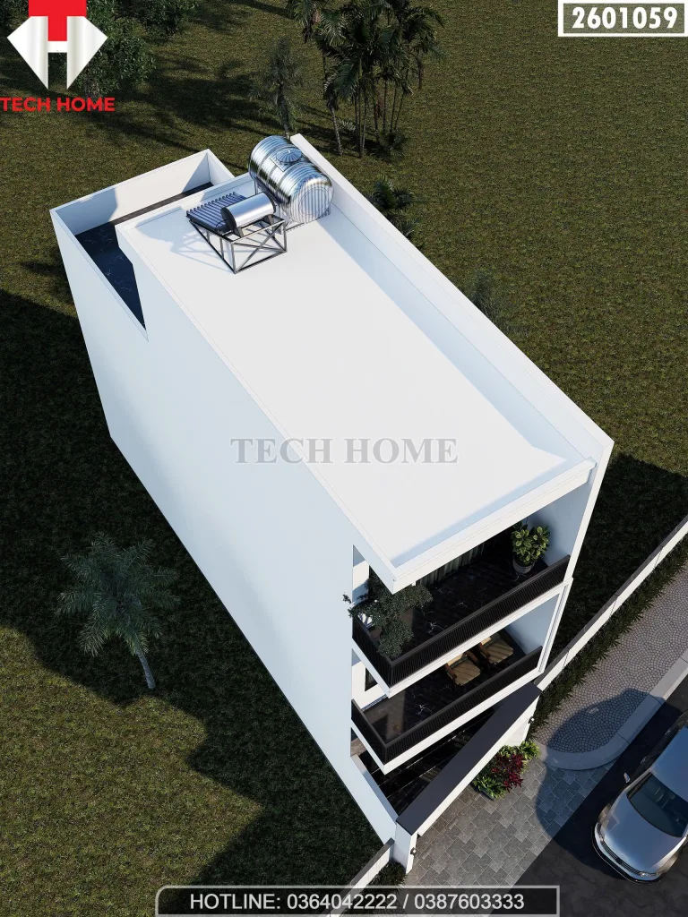 Tổng thể mẫu nhà phố 3 tầng hiện đại từ trên cao với hệ thống thái dương năng tiện nghi.