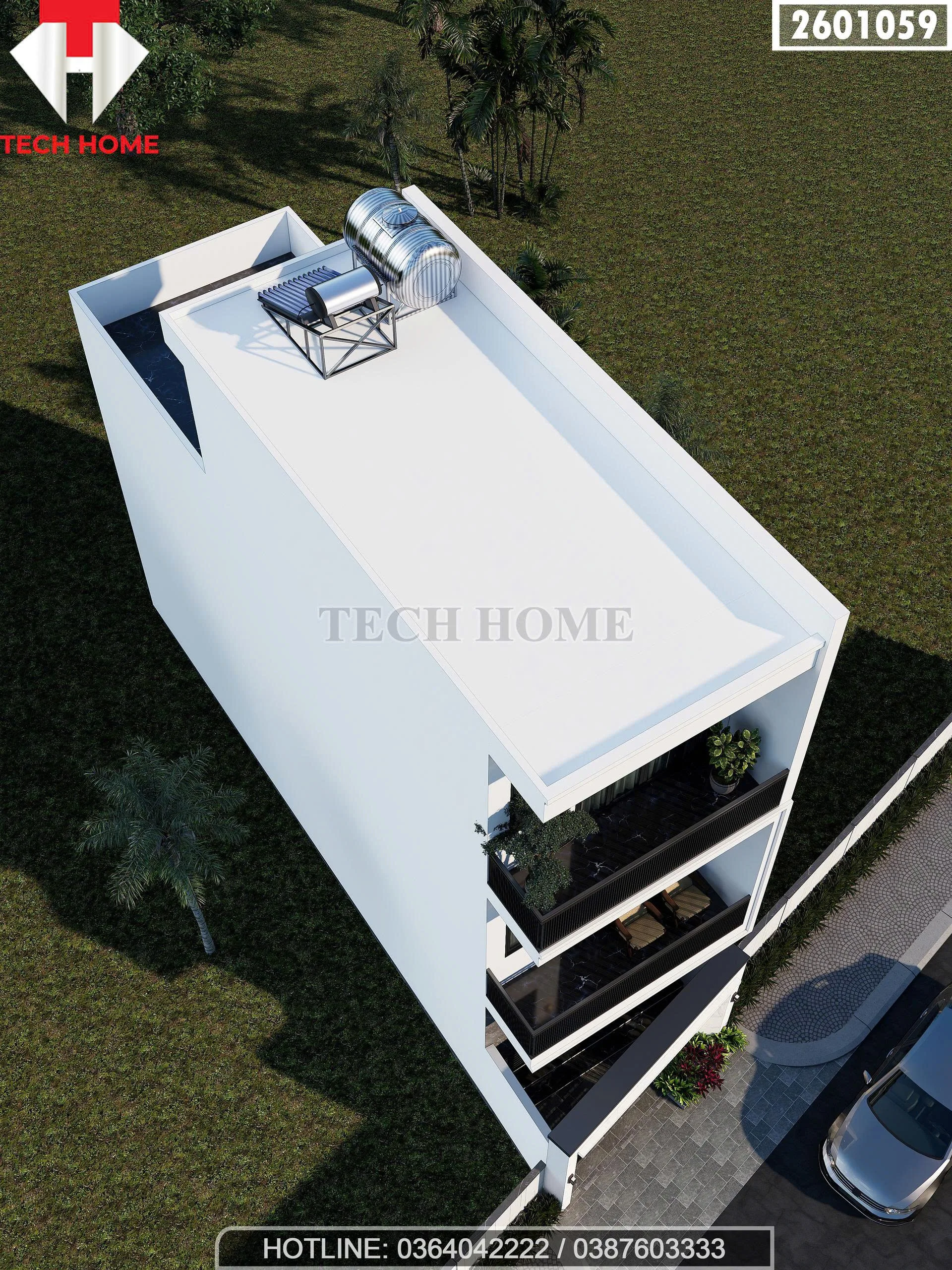 Tổng thể mẫu nhà phố 3 tầng hiện đại từ trên cao với hệ thống thái dương năng tiện nghi.