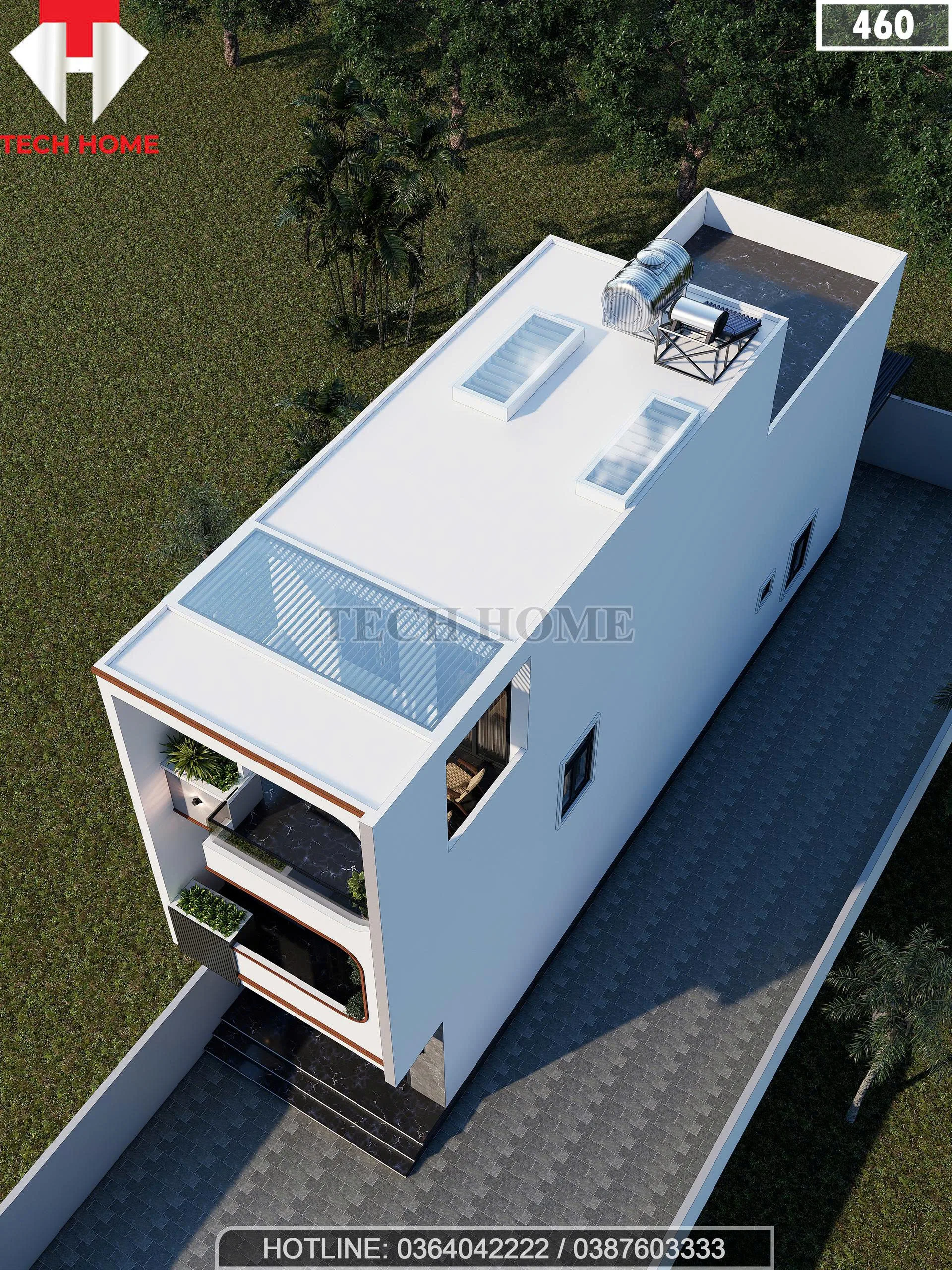 Tổng thể mẫu nhà phố 3 tầng hiện đại từ trên cao nhìn rõ hệ thống giếng trời và sân thượng.