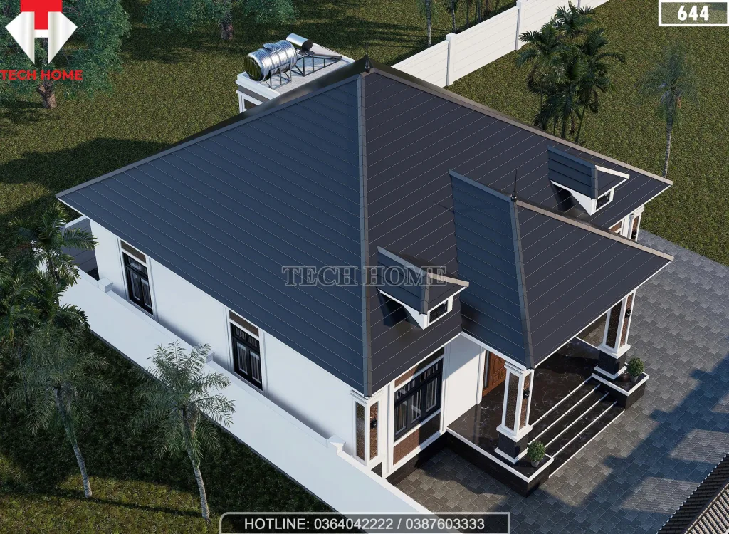 Tổng thể mẫu nhà vườn 1 tầng mái Nhật diện tích 160m2 lợp ngói màu xanh than sang trọng.