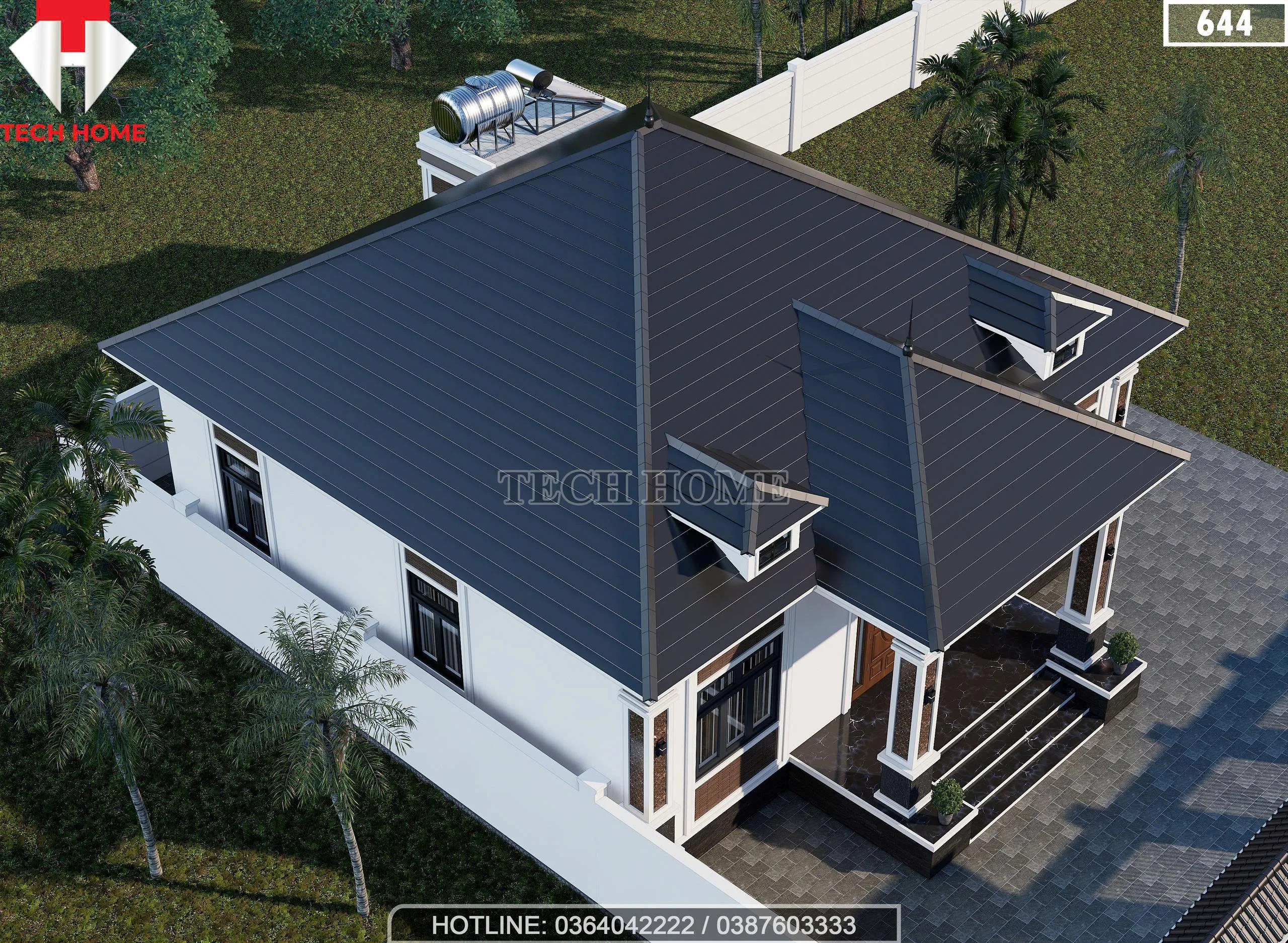 Tổng thể mẫu nhà vườn 1 tầng mái Nhật diện tích 160m2 lợp ngói màu xanh than sang trọng.