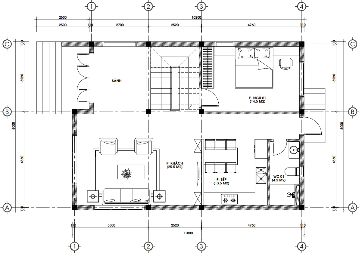 Bản vẽ mặt bằng công năng tầng 1 mẫu nhà 2 tầng hiện đại diện tích 95m2 với phòng khách rộng.