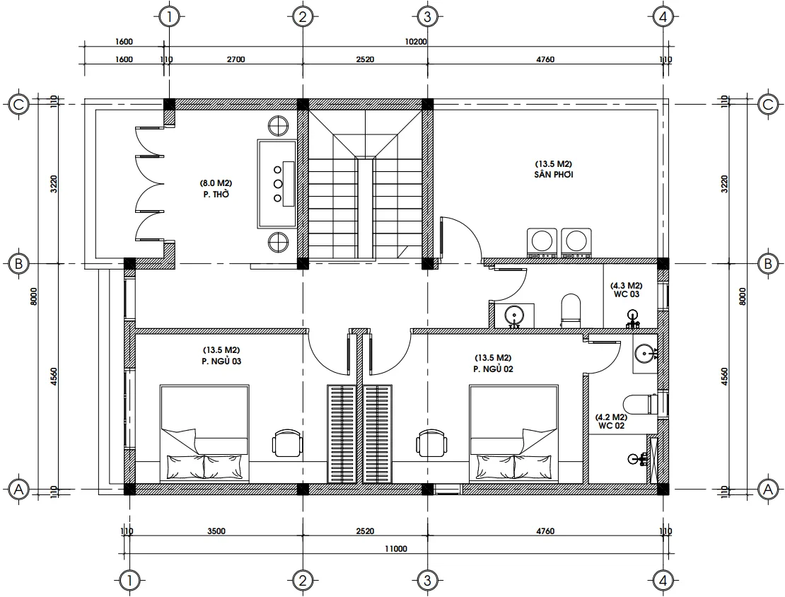 Bản vẽ mặt bằng công năng tầng 2 mẫu nhà 2 tầng hiện đại diện tích 85m2.