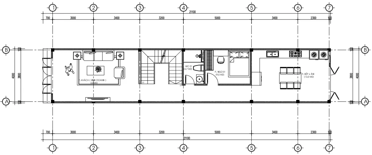 Bản vẽ bố trí công năng tầng 1 nhà phố diện tích 4x21m tại Đồng Nai bao gồm phòng khách, bếp và sân sau.