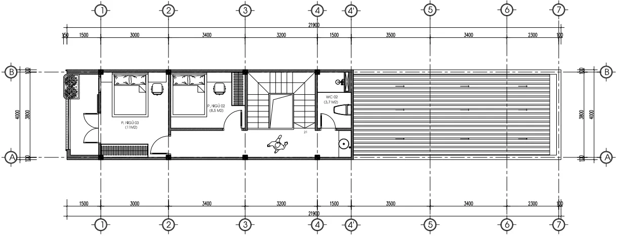Bản vẽ bố trí công năng tầng 2 nhà phố diện tích 4x21m tại Đồng Nai