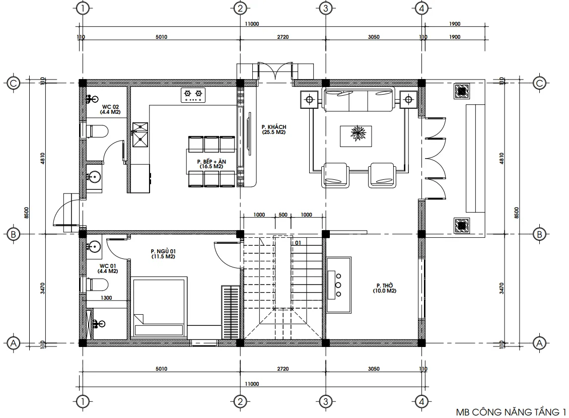 Bản vẽ mặt bằng công năng tầng 1 mẫu nhà 2 tầng mái Nhật tân cổ điển 4 phòng ngủ.