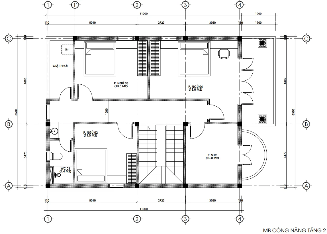 Bản vẽ mặt bằng công năng tầng 2 mẫu nhà 2 tầng mái Nhật tân cổ điển 4 phòng ngủ.