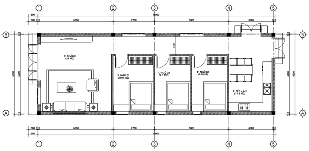 Bản vẽ bố trí công năng mẫu nhà cấp 4 mái bằng diện tích 90m2 với 3 phòng ngủ tiện nghi của gia đình anh Sơn tại Nghệ An.