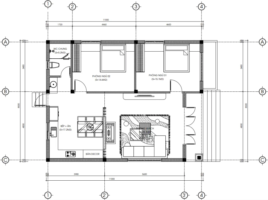 Bản vẽ bố trí công năng tầng 1 mẫu nhà cấp 4 mái lệch 2 phòng ngủ diện tích 100m2.