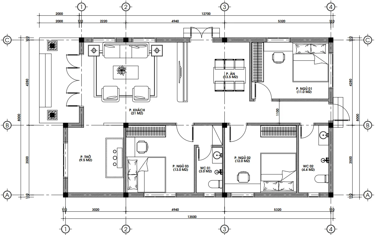 Bản vẽ bố trí công năng mẫu nhà cấp 4 mái Nhật 3 phòng ngủ, 1 phòng thờ diện tích 120m2.
