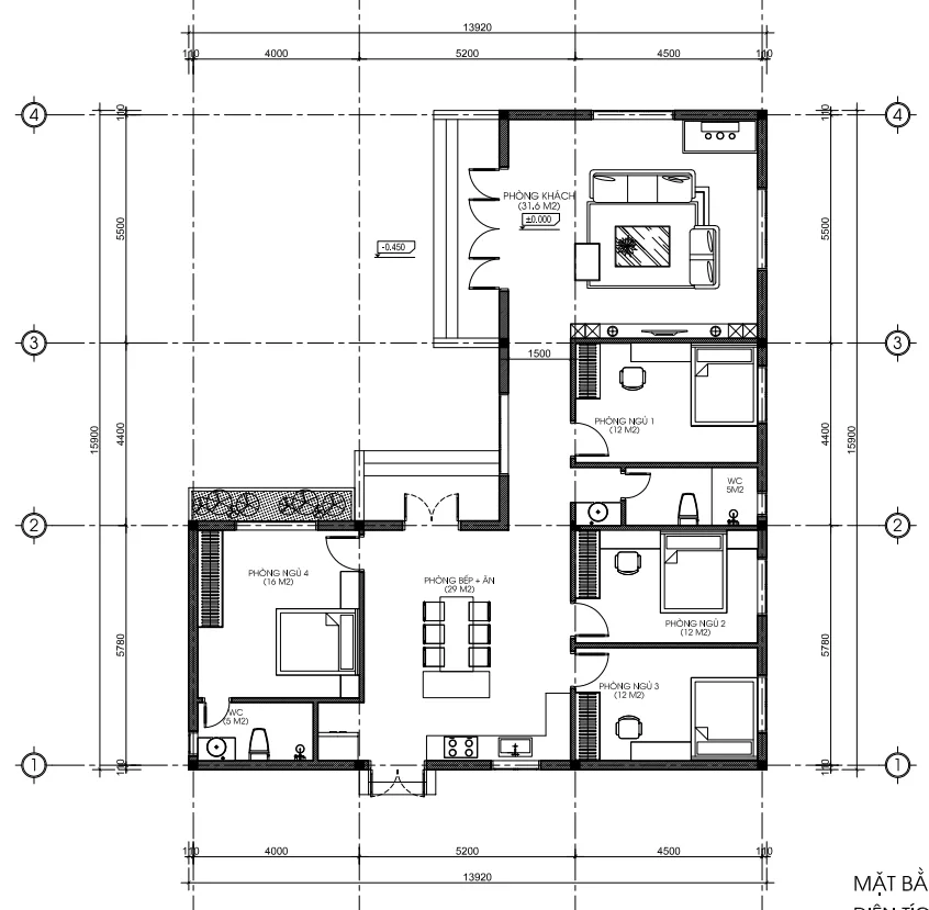 Bản vẽ mặt bằng công năng mẫu nhà cấp 4 mái Nhật 4 phòng ngủ diện tích 147m2 chi tiết nhất.