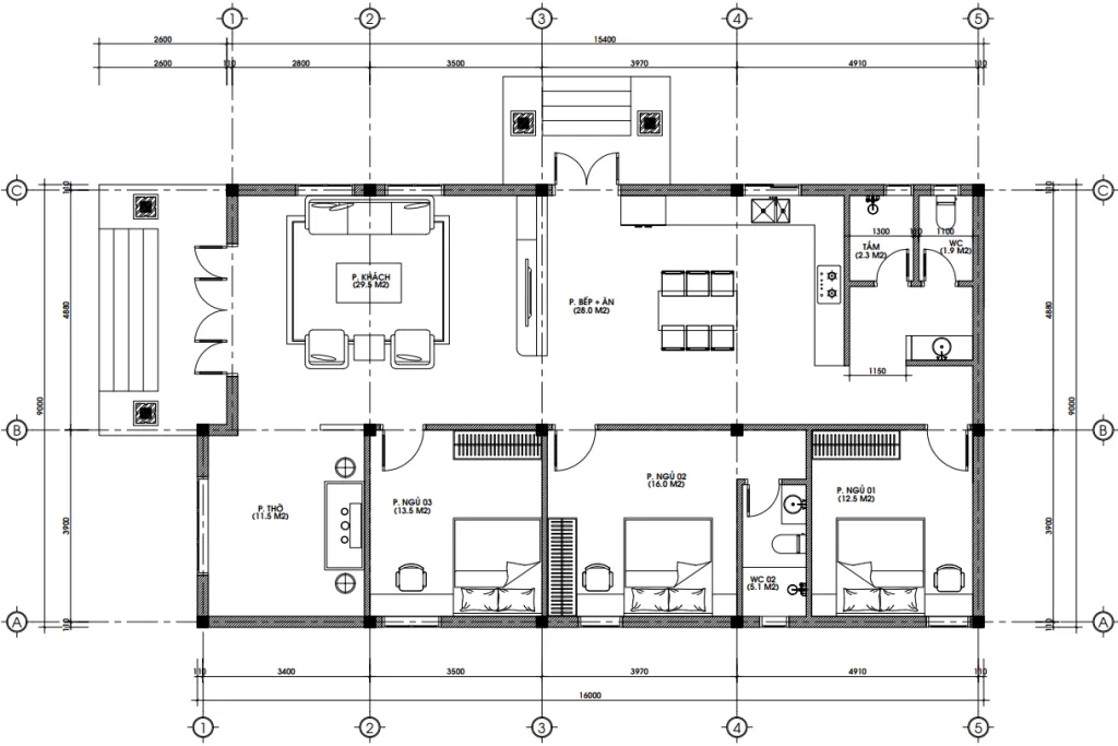 Bản vẽ bố trí công năng mẫu nhà mái Nhật 1 tầng 3 phòng ngủ diện tích 160m2 chi tiết nhất.