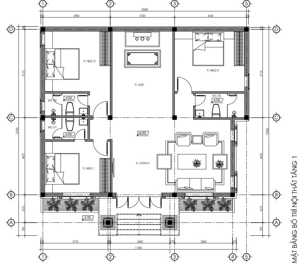 Bản vẽ mặt bằng bố trí thiết kế nội thất hiện đại mẫu nhà cấp 4 diện tích 12x12m của Anh Linh.