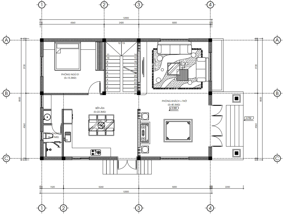 Bản vẽ bố trí công năng tầng 1 mẫu biệt thự tân cổ điển 2 tầng diện tích thiết kế 112m2.