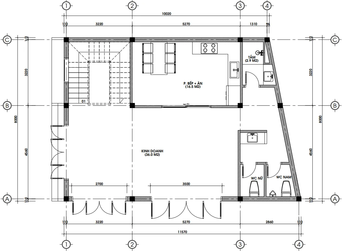 Bản vẽ bố trí công năng tầng 1 kết hợp kinh doanh diện tích 89m2.