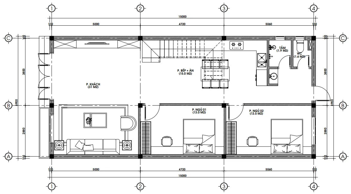 Bản vẽ bố trí công năng tầng 1 mẫu nhà 2 tầng 4 phòng ngủ diện tích 100m2 có phòng ngủ cho người già.