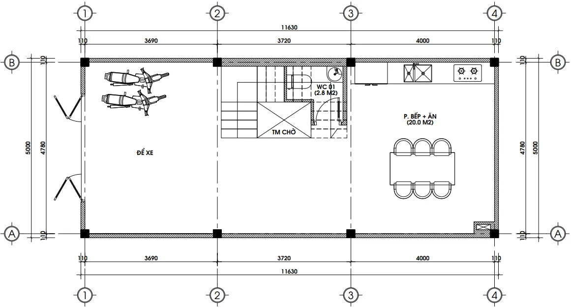 Bản vẽ mặt bằng tầng 1 diện tích 58m2 của mẫu nhà phố 4 tầng có gác lửng hiện đại.