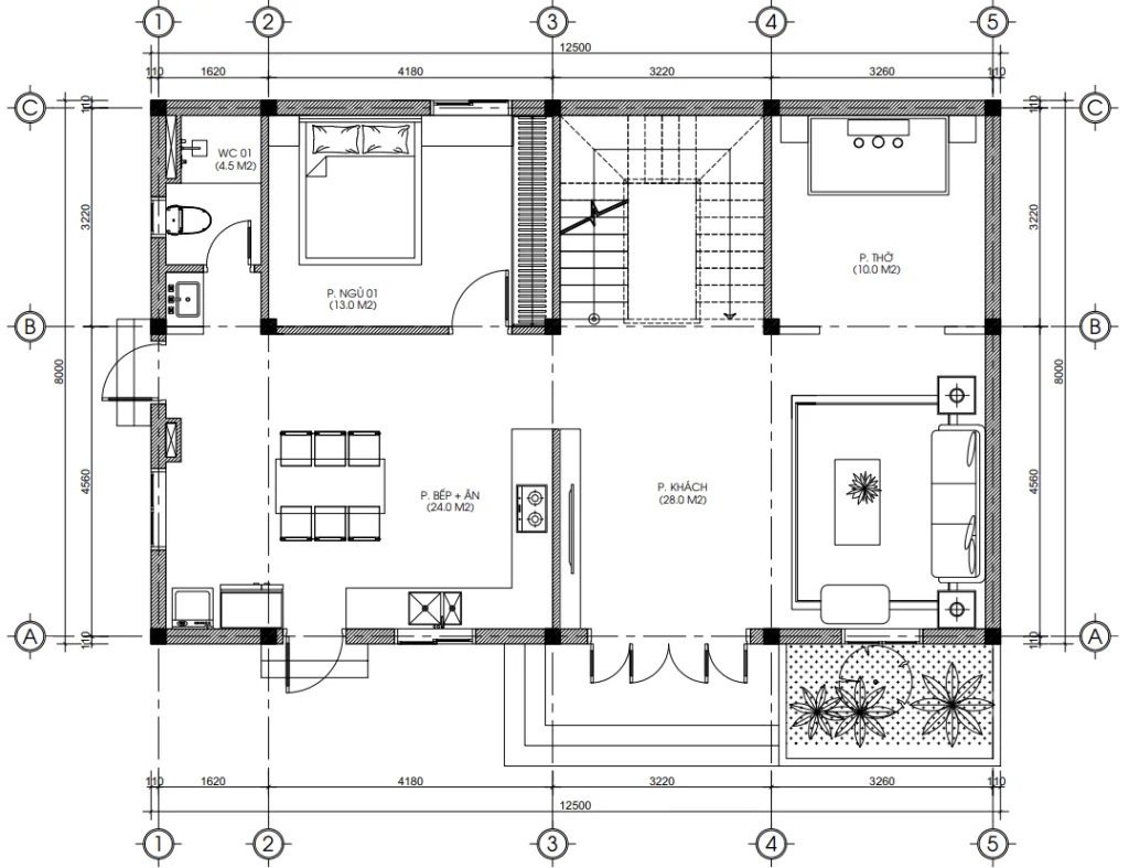 Bản vẽ mặt bằng công năng tầng 1 mẫu nhà 2 tầng hiện đại 100m2 gồm phòng khách, bếp và phòng thờ.