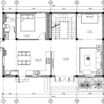 Bản vẽ mặt bằng công năng tầng 1 mẫu nhà 2 tầng hiện đại 100m2 gồm phòng khách, bếp và phòng thờ.